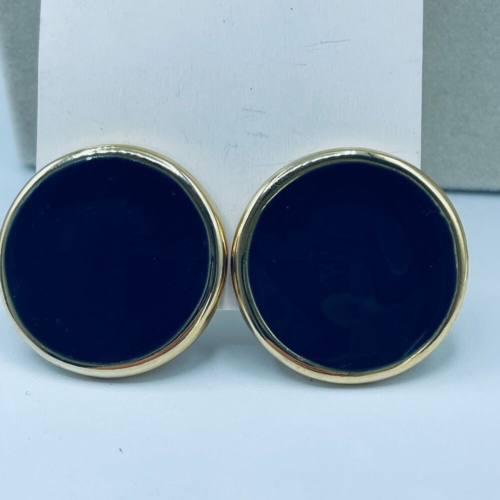 Vintage dark blue enamel round clip earrings